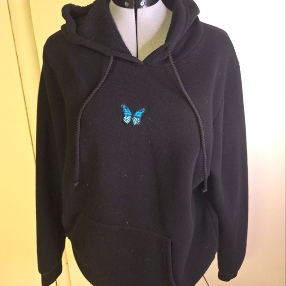 Orange Kiss Tops - Orange Kiss Black Sweatshirt W/Butterfly, Hooded with Tie.      Size Med